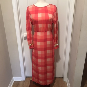 VEDA Crane Crepe Maxi Dress In‎ Red/Pink Plaid Size P Long Sleeve